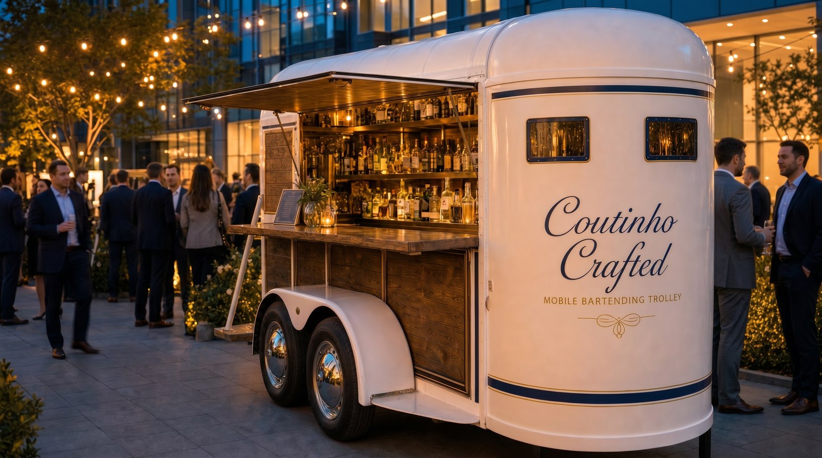 The bartending trailer set up outside a corporate cocktail event at dusk