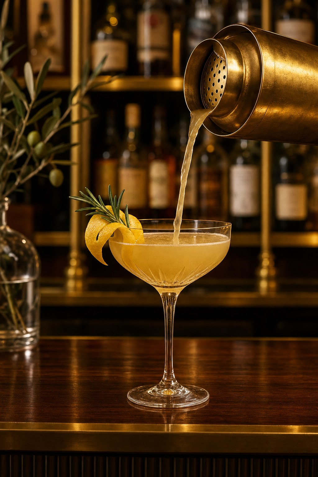 Close-up of a craft cocktail being poured at the trailer's wood service counter