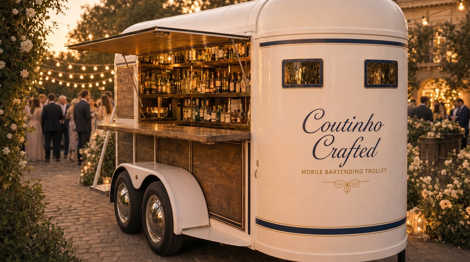 A restored vintage rounded-roof bartending trailer with a fold-down service window at a golden-hour garden wedding reception